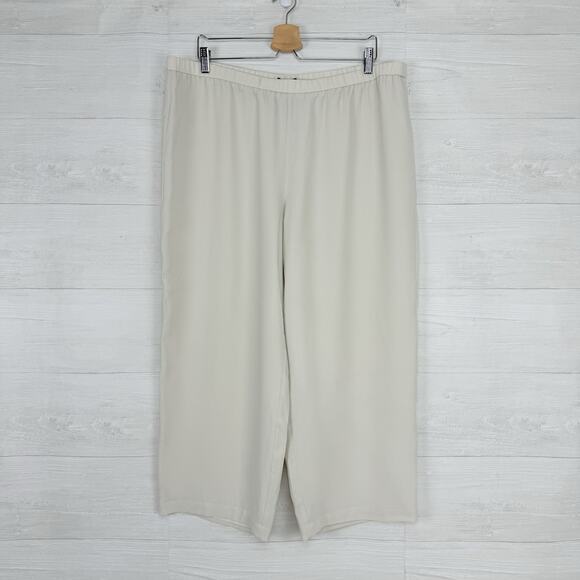 Eileen Fisher Size XL Silk Georgette Crepe Cropped Pants Wide Leg Pull On Bone - Picture 15 of 16